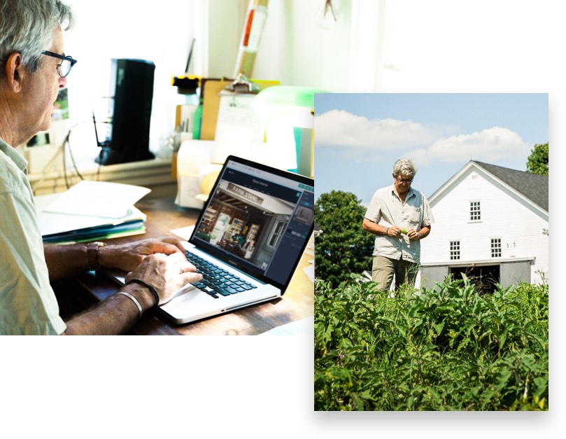 Image of a person editing their website and a farmer in his field